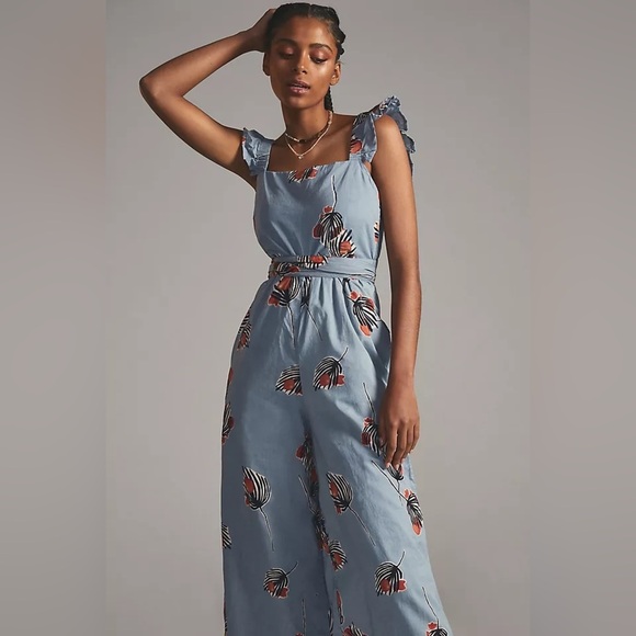 Anthropologie Bel Kazen Blue Floral Wide Leg Ruffle Sleeve Open Back Jumpsuit - Picture 4 of 9